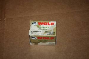 lot 467 image: Lot of (1 Box) Wolf Military Classic 7.62x39mm 124gr Full Metal Jacket Steel Case Cartridges 20-count ( 20 total items )