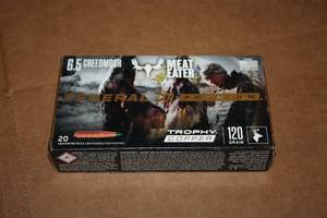 lot 473 image: Lot of (1 Box) Federal Premium Trophy Meat Eater Copper 6.5 Creedmoor 120gr Centerfire Rifle Cartridges 20-count ( 20 total items )