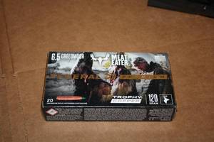 lot 475 image: Lot of (1 Box) Federal Premium Trophy Meat Eater Copper 6.5 Creedmoor 120gr Centerfire Rifle Cartridges 20-count ( 20 total items )