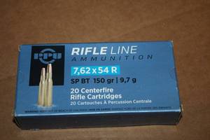 lot 499 image: Lot of (1 Box) Rifle Line Ammunition 7.62x54 150gr SP BT Centerfire Rifle Cartridges 20-count ( 20 total items )