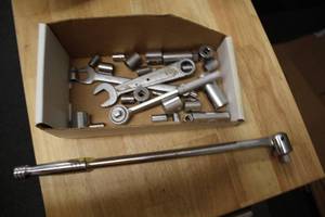 lot 991 image: Assorted 38-drive Sockets and Ratchet, (3) Misc Wrenches and (1) 12 Breaker Bar