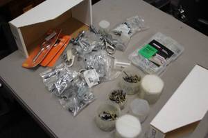 lot 1004 image: Lot of (1 Box) Assorted Hardwares and Fasteners - Screws, Hooks, Pins, Bolts, Washers