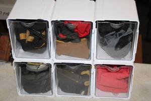 lot 1009 image: Plastic Organizer  Stackable & Interlocking 6-bin with Misc. Work Gloves