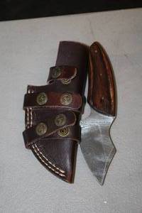 lot 1022 image: Damascus 3-12-blade Steel Bladed Knife with Leather Sheath