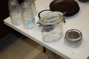 lot 1129 image: Assorted Dishwares - 16-oz Plaster Tumblers (x3), NCU Alumni Mug 4, 5 Locking Lid Jar, 3-12 Jar with Lid
