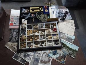 lot 77 image: Lot Of Military Buttons, Pins, Patches, Medals Pictures, Post Cards, War Ration Books