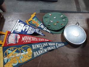 lot 83 image: 4-Vintage Pennants, Aluminum Canteen, Cap With Pins