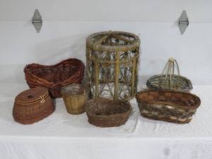 Mixed Lot of Assorted Wicker Baskets and Planter Stand