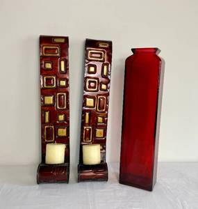 lot 25 image: Set of 2 Wall Sconce Candle Holders and Tall Red Glass Vase