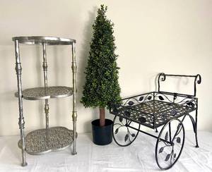lot 39 image: Metal Cart, Faux Boxwood Tree and 3 Tier Metal Shelf
