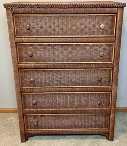 lot 9 image: Vintage 1980s Henry Link Highboy 5 Drawer Rattan Wicker Dresser