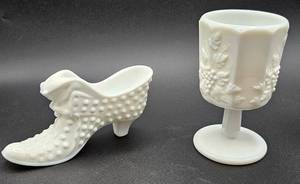 lot 6 image: Westmoreland Goblet and Fenton Milk Glass Shoe