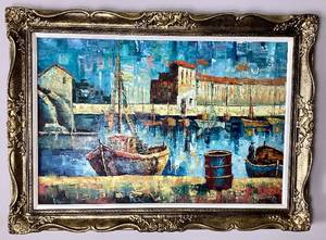 lot 22 image: Original Harbor Painting on Canvas by Donald 42 x 32