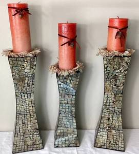 lot 28 image: 3 Mosaic CandleHolders plus Candles and Accents