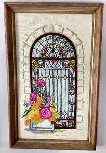 lot 36 image: 1960s Embroidered Needlepoint Framed Stained Glass Window with Flowers