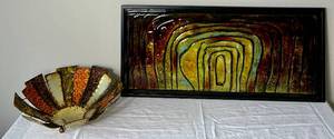 lot 52 image: Painted Glass Wall Art and Metal Embossed Bowl