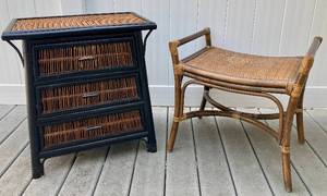 lot 42 image: Mini Rattan Cabinet with 3 Drawers and Rattan Bench