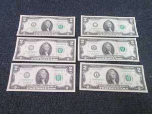 lot 453 image: 6 Nonsequential, Uncirculated $2 Bi...