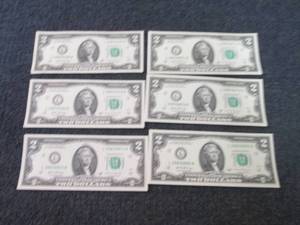 lot 454 image: 6 Nonsequential, Uncirculated $2 Bi...