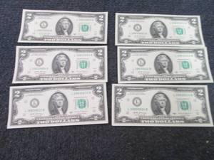lot 455 image: 6 Nonsequential, Uncirculated $2 Bi...