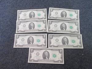 lot 456 image: 7 Nonsequential, Uncirculated $2 Bi...