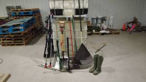 lot 25 image: Lot of Garden and Yard Tools with Pallets and Boots