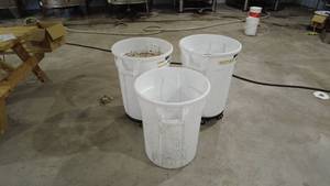 lot 115 image: Lot of 3 White Commercial Trash Bins, 2 with wheel dollies