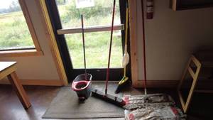 lot 126 image: Lot of Cleaning Supplies - Mops, Broom, and Bucket