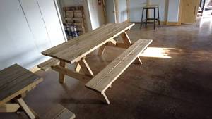 lot 49 image: Wooden Picnic Table Set with Attached Benches