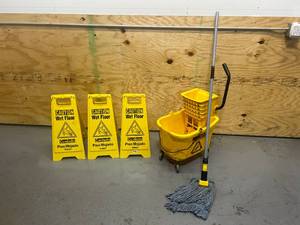 lot 139 image: Mop, Mop Bucket and 3- Wet Floor Caution Signs