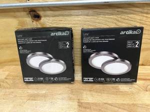 lot 196 image: ARTIKA Lot of 2 Packs of- Lumo 8 in. 1-Light Modern Brushed Nickel Integrated LED Flush Mount Ceiling Light Fixtures for Kitchen or Bedroom (2 per pack)