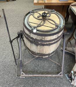lot 1 image: Antique Wooden Barrel Butter Churn