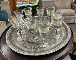lot 66 image: Silverplated Tray & 11 Cordial Cups