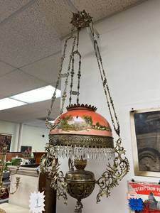 lot 125 image: Kerosene Hanging Lamp Hand Painted Glass