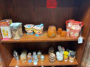 lot 168 image: 2 Shelves of Salt & Pepper Shakers