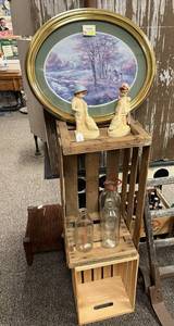 lot 176 image: Wood Boxes, Dairy Bottles, Chalkware & Oval Artwork
