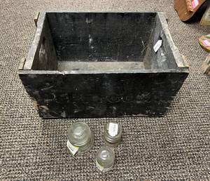 lot 181 image: Wood Pepsi Tote & Glass Insulators