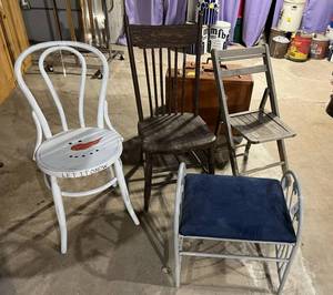 lot 278 image: 3 Wood Chairs & Metal Frame Bench
