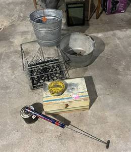 lot 280 image: Metal Dairy Tote, Galvanized Pail, Bread Box