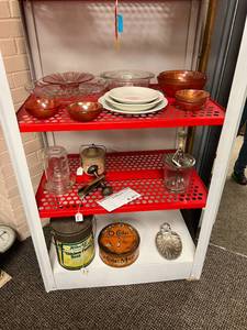 lot 297 image: Everything on 3 Shelves - Colored Glassware, Chopper, Tins