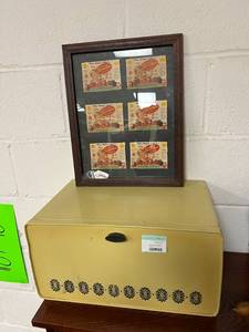 lot 298 image: Framed Jelly Labels & Breadbox