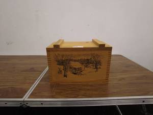 lot 32 image: Wooden Storage Box with Nature Scenery Engravings