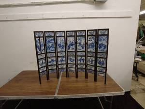 lot 33 image: Vintage Blue and White Ceramic Panel Folding Screen