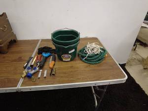 lot 55 image: Gardening Tool Set with Green Bucket and Hose