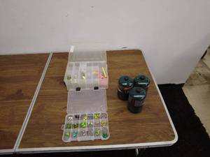 lot 69 image: Lot of Fishing Gear with Tackle Boxes and Propane Canisters