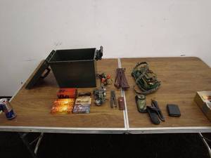 lot 72 image: Ammo Box with Ammunition, Knives, Straps, and Gear