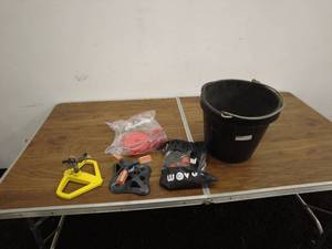 lot 81 image: Bucket with Watering Nozzles and Garden Tools