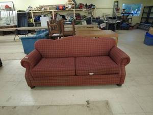 lot 89 image: Red Plaid Upholstered Sofa