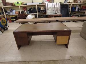 lot 93 image: Vintage Wooden Office Desk with Storage Drawers