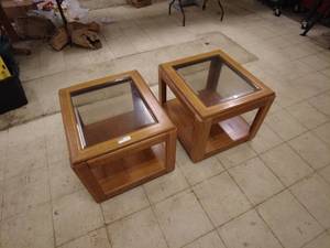 lot 96 image: Pair of Oak and Glass End Tables